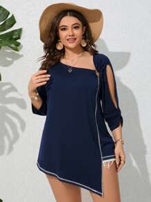 SHEIN LUNE 大碼頂針不對稱領鏤空T恤 - 寶藍色 - 查看 5