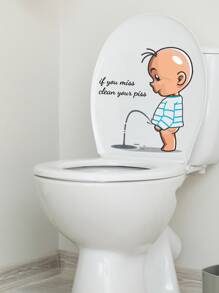 1pc PP Toilet Lid Decal, Funny Figure & Slogan Graphic Toilet Stool Commode Sticker For Bathroom - Clear - View 4