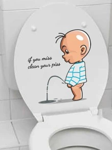 1pc PP Toilet Lid Decal, Funny Figure & Slogan Graphic Toilet Stool Commode Sticker For Bathroom - Clear - View 6
