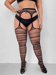 Plus Size Cut Out Fishnet Tights - Black - View 1