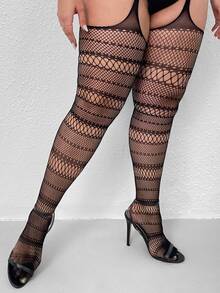 Plus Size Cut Out Fishnet Tights - Black - View 2