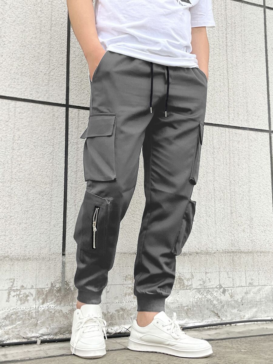 Manfinity Homme Men Flap Pocket Side Cargo Trousers - Dark Grey - View 1