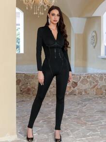 Kombinezon z długim rękawem, zapinany na zamek, seksowny, dopasowany, jednoczęściowy, damski, kombinezon, powrót do szkoły, jesień, ubrania damskie, Boże Narodzenie