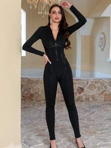 Kombinezon z długim rękawem, zapinany na zamek, seksowny, dopasowany, jednoczęściowy, damski, kombinezon, powrót do szkoły, jesień, ubrania damskie, Boże Narodzenie