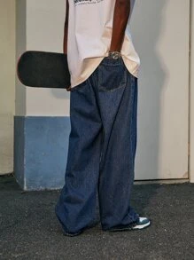 INFLATION Hombres Jeans con bolsillo oblicuo de pierna ancha - Azul lavado oscuro - Ver 2