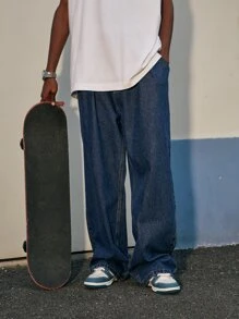 INFLATION Hombres Jeans con bolsillo oblicuo de pierna ancha - Azul lavado oscuro - Ver 4