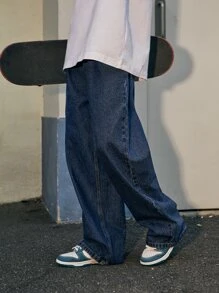 INFLATION Hombres Jeans con bolsillo oblicuo de pierna ancha - Azul lavado oscuro - Ver 5