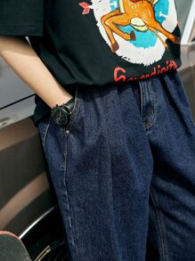 INFLATION Hombres Jeans con bolsillo oblicuo de pierna ancha - Azul lavado oscuro - Ver 6