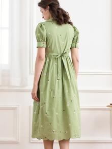 Simple Retro Đầm Nút Tương phản ren Thêu Sò điệp Buộc lại Họa tiết hoa Giải trí - Màu xanh Bạc hà - Xem 2