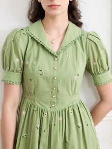 Simple Retro Đầm Nút Tương phản ren Thêu Sò điệp Buộc lại Họa tiết hoa Giải trí - Màu xanh Bạc hà - Xem 4