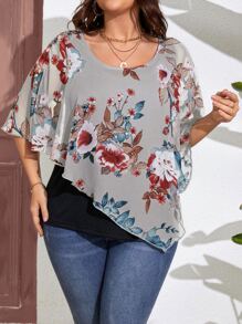 SHEIN LUNE Plus Floral Print Butterfly Sleeve Tee - White - View 1