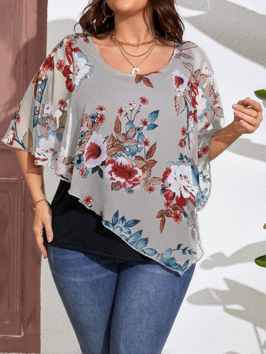 SHEIN LUNE Plus Floral Print Butterfly Sleeve Tee - White - View 1