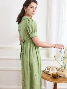 Simple Retro Đầm Nút Tương phản ren Thêu Sò điệp Buộc lại Họa tiết hoa Giải trí - Màu xanh Bạc hà - Xem 6