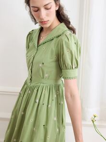 Simple Retro Đầm Nút Tương phản ren Thêu Sò điệp Buộc lại Họa tiết hoa Giải trí - Màu xanh Bạc hà - Xem 7