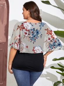 SHEIN LUNE Plus Floral Print Butterfly Sleeve Tee - White - View 2