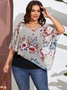 SHEIN LUNE Plus Floral Print Butterfly Sleeve Tee - White - View 4