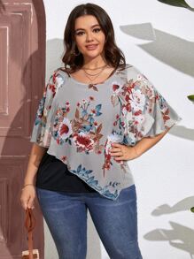SHEIN LUNE Plus Floral Print Butterfly Sleeve Tee - White - View 6