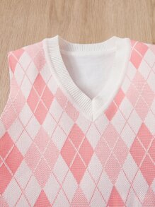 SHEIN Tween Girl Argyle Pattern Sweater Vest Young Girls' Casual Cute Colorful Drop Shoulder Bowknot Decor Round Neck Knitted Sweater, Soft And Comfortable, Suitable For Daily Wear, Outdoor, Travel, Vacation, Home, Nursery, Playtime, School - Multicolor - View 8