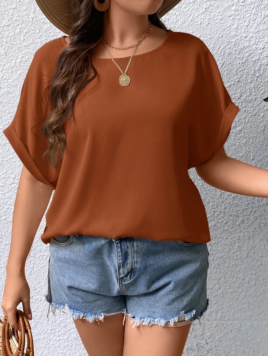 SHEIN LUNE Plus Solid Batwing Sleeve Blouse - Rust Brown - View 1