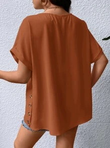 SHEIN LUNE Plus Solid Batwing Sleeve Blouse - Rust Brown - View 2