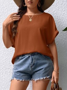 SHEIN LUNE Plus Solid Batwing Sleeve Blouse - Rust Brown - View 3