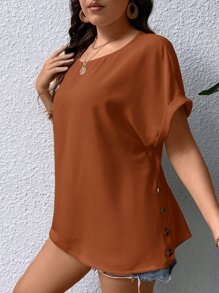 SHEIN LUNE Plus Solid Batwing Sleeve Blouse - Rust Brown - View 4