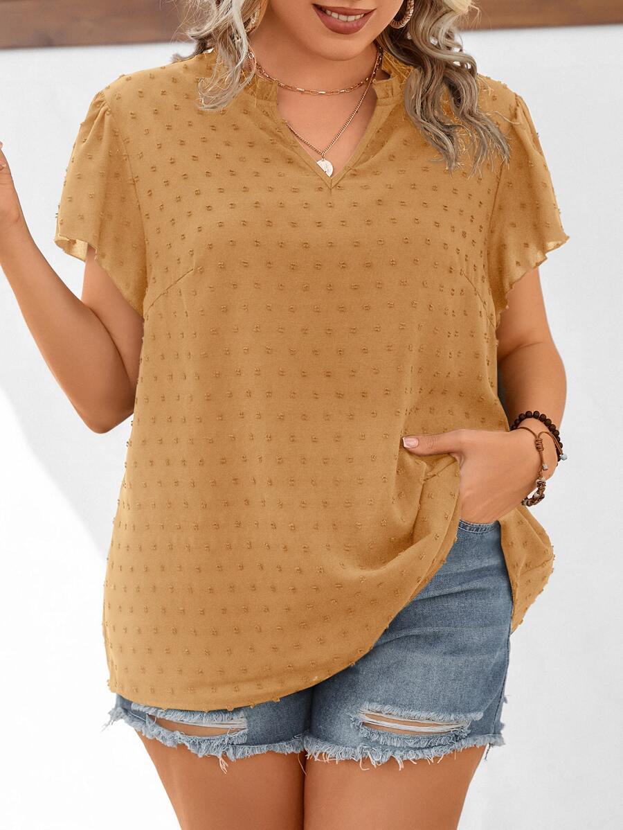 SHEIN LUNE Plus Swiss Dot Puff Sleeve Blouse - Khaki - View 1