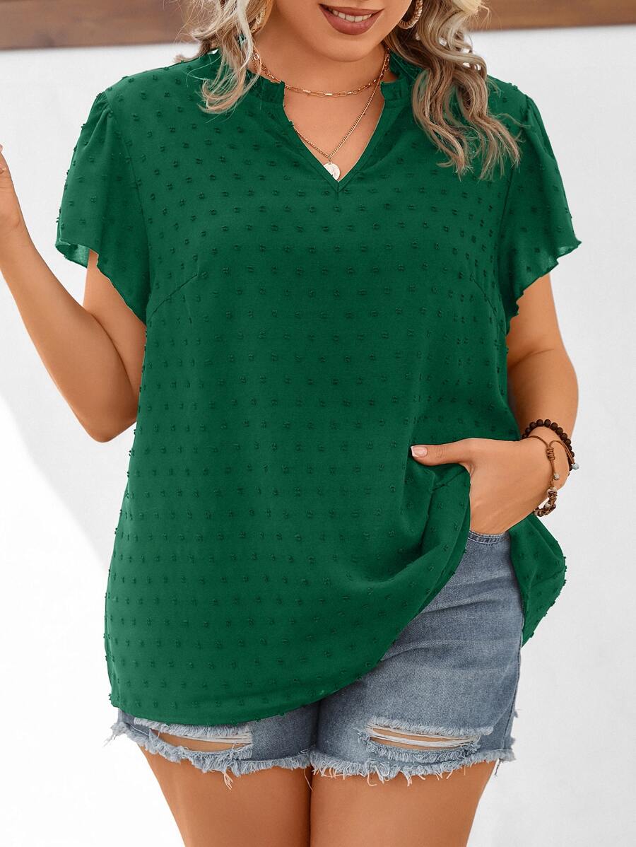 SHEIN LUNE Plus Swiss Dot Notched Neckline Butterfly Sleeve Blouse - Green - View 1