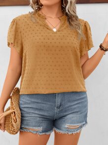 SHEIN LUNE Plus Swiss Dot Puff Sleeve Blouse - Khaki - View 4