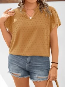 SHEIN LUNE Plus Swiss Dot Puff Sleeve Blouse - Khaki - View 5