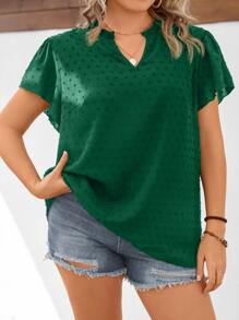 SHEIN LUNE Plus Swiss Dot Notched Neckline Butterfly Sleeve Blouse - Green - View 3