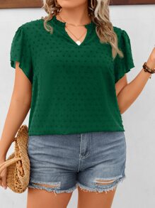 SHEIN LUNE Plus Swiss Dot Notched Neckline Butterfly Sleeve Blouse - Green - View 4
