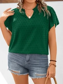 SHEIN LUNE Plus Swiss Dot Notched Neckline Butterfly Sleeve Blouse - Green - View 5