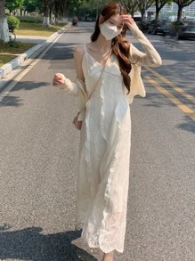 Vestido de tirantes unicolor ribete con fruncido de espalda con abertura con encaje - Albaricoque - Ver 1