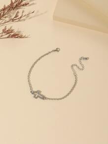 1條流行的鑲嵌鑽石開放式十字&心形鏈鎖手鍊 - 銀色 - 查看 1