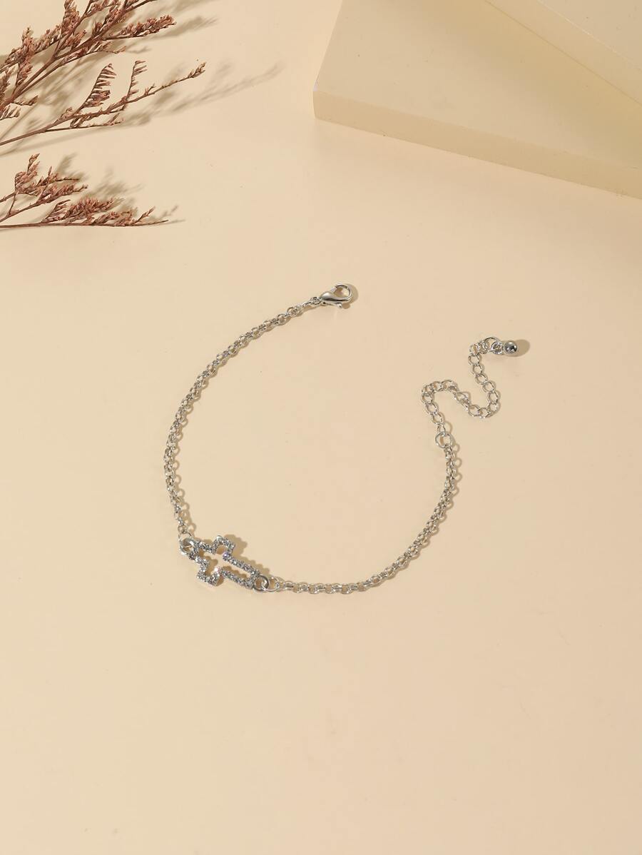1條流行的鑲嵌鑽石開放式十字&心形鏈鎖手鍊 - 銀色 - 查看 1