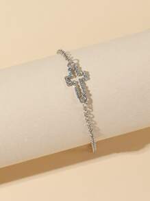 1條流行的鑲嵌鑽石開放式十字&心形鏈鎖手鍊 - 銀色 - 查看 2