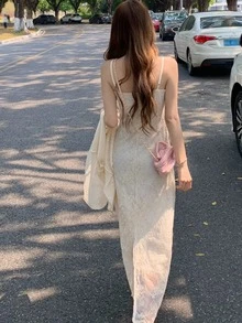 Vestido de tirantes unicolor ribete con fruncido de espalda con abertura con encaje - Albaricoque - Ver 2