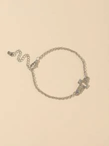 1條流行的鑲嵌鑽石開放式十字&心形鏈鎖手鍊 - 銀色 - 查看 3