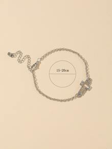 1條流行的鑲嵌鑽石開放式十字&心形鏈鎖手鍊 - 銀色 - 查看 4