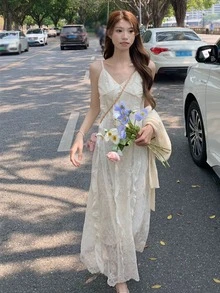 Vestido de tirantes unicolor ribete con fruncido de espalda con abertura con encaje - Albaricoque - Ver 4