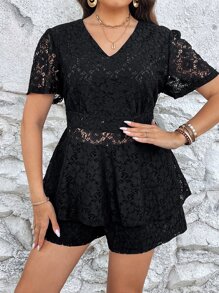 SHEIN LUNE Plus Lace Peplum Top & Shorts - Black - View 3
