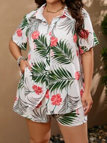 SHEIN Holidaya Plus Tropical Print Shirt & Shorts - Multicolor - View 4