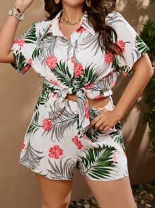 SHEIN Holidaya Plus Tropical Print Shirt & Shorts - Multicolor - View 6