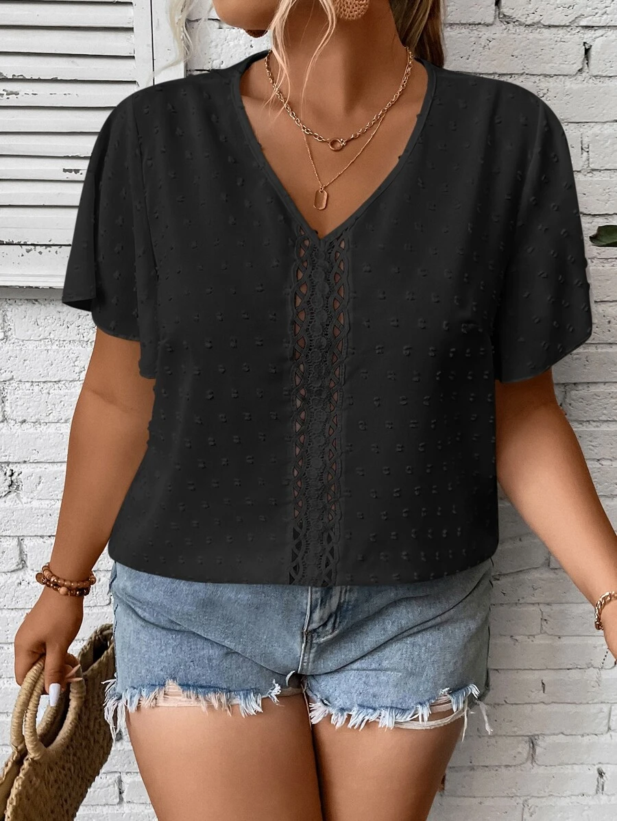 SHEIN LUNE 大碼圓點蕾絲拼接蝴蝶袖襯衫 - 黑色 - 查看 1