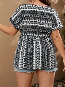 Breezaya Plus Geo Print Batwing Sleeve Peplum Blouse
