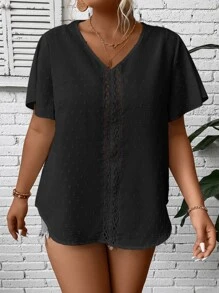 SHEIN LUNE 大碼圓點蕾絲拼接蝴蝶袖襯衫 - 黑色 - 查看 3