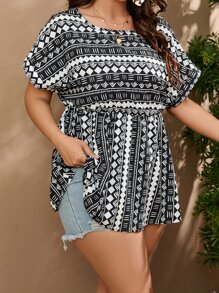 Breezaya Plus Geo Print Batwing Sleeve Peplum Blouse