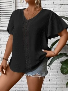 SHEIN LUNE 大碼圓點蕾絲拼接蝴蝶袖襯衫 - 黑色 - 查看 5