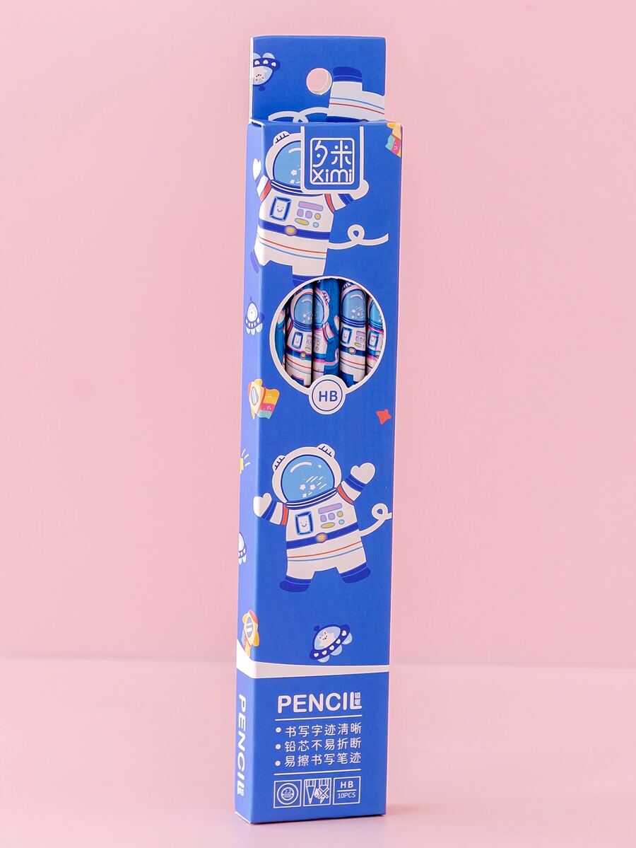Lápiz gráfico de dibujos animados de 10 piezas, lápiz de madera con estampado de espacio de dibujos animados para estudiantes de escuela - Azul - Ver 1